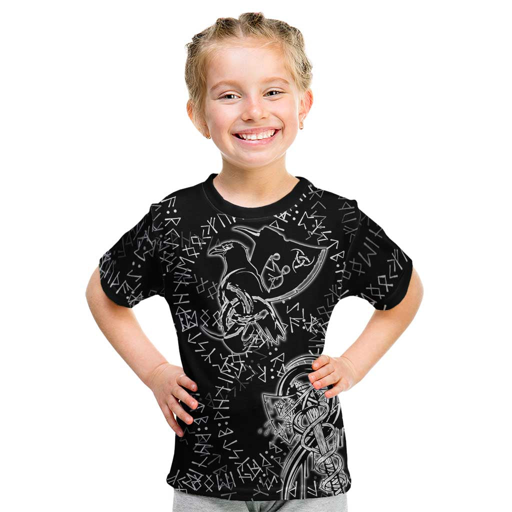 Norse Dragon and Viking Axe Kid T Shirt Monochrome Runic Line Art Illustration
