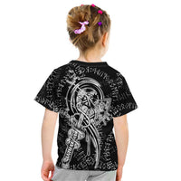 Norse Dragon and Viking Axe Kid T Shirt Monochrome Runic Line Art Illustration