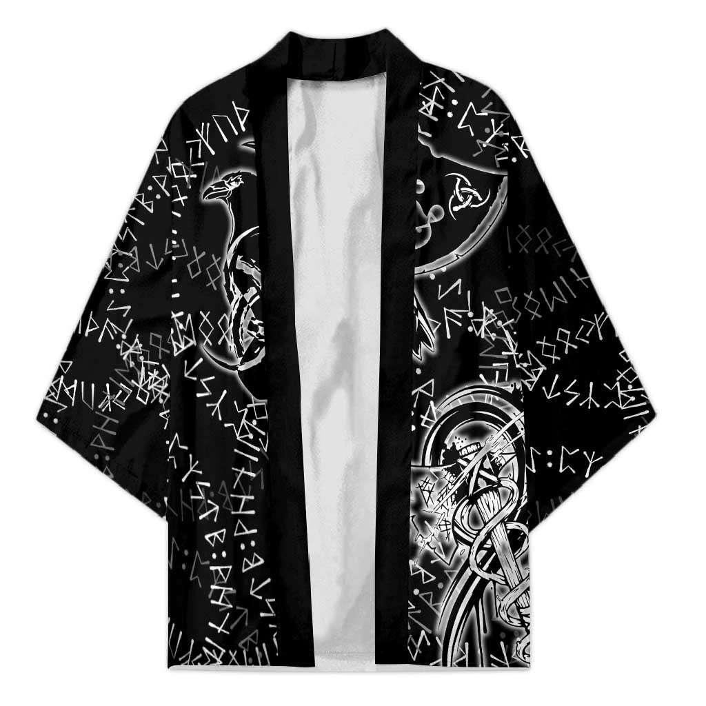 Norse Dragon and Viking Axe Kimono Monochrome Runic Line Art Illustration