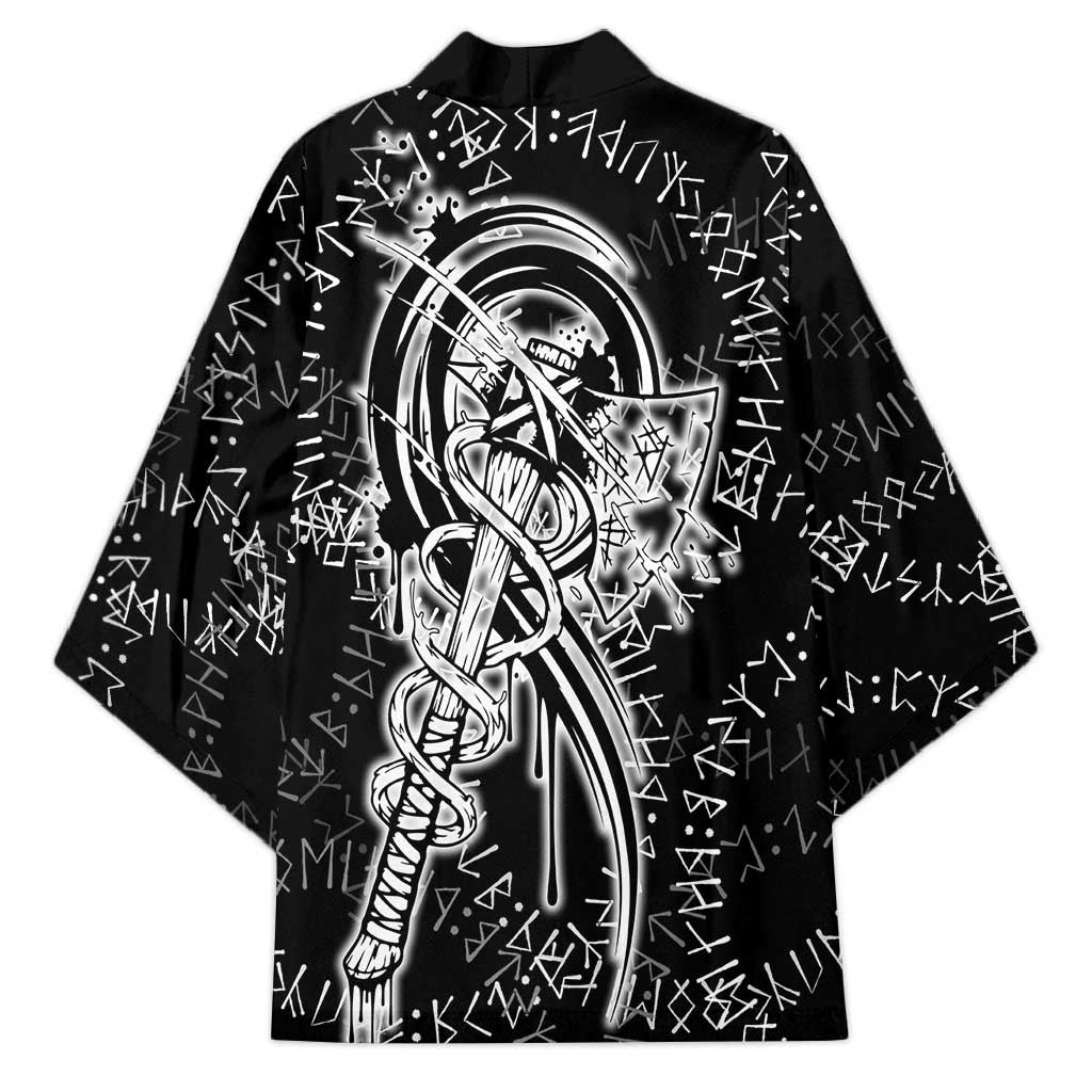 Norse Dragon and Viking Axe Kimono Monochrome Runic Line Art Illustration