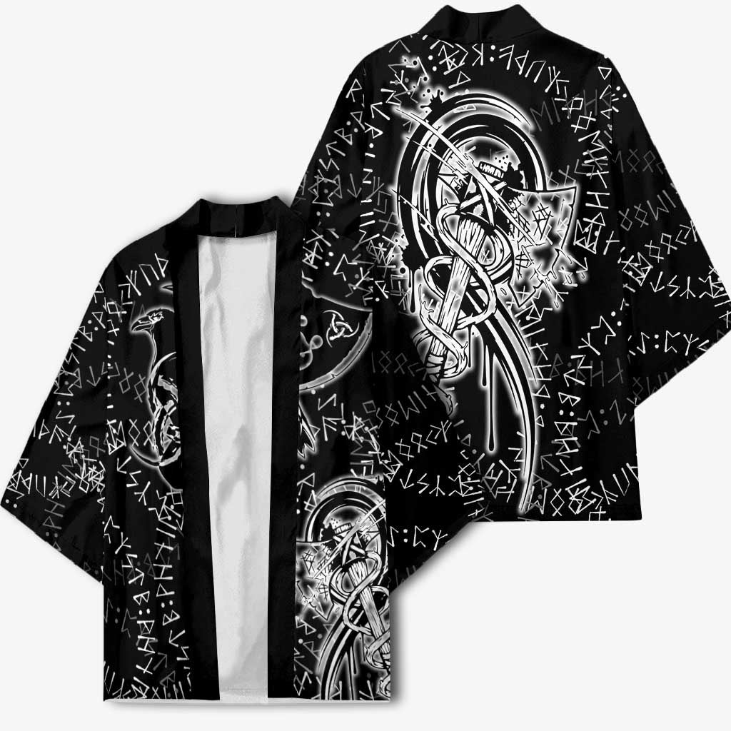 Norse Dragon and Viking Axe Kimono Monochrome Runic Line Art Illustration