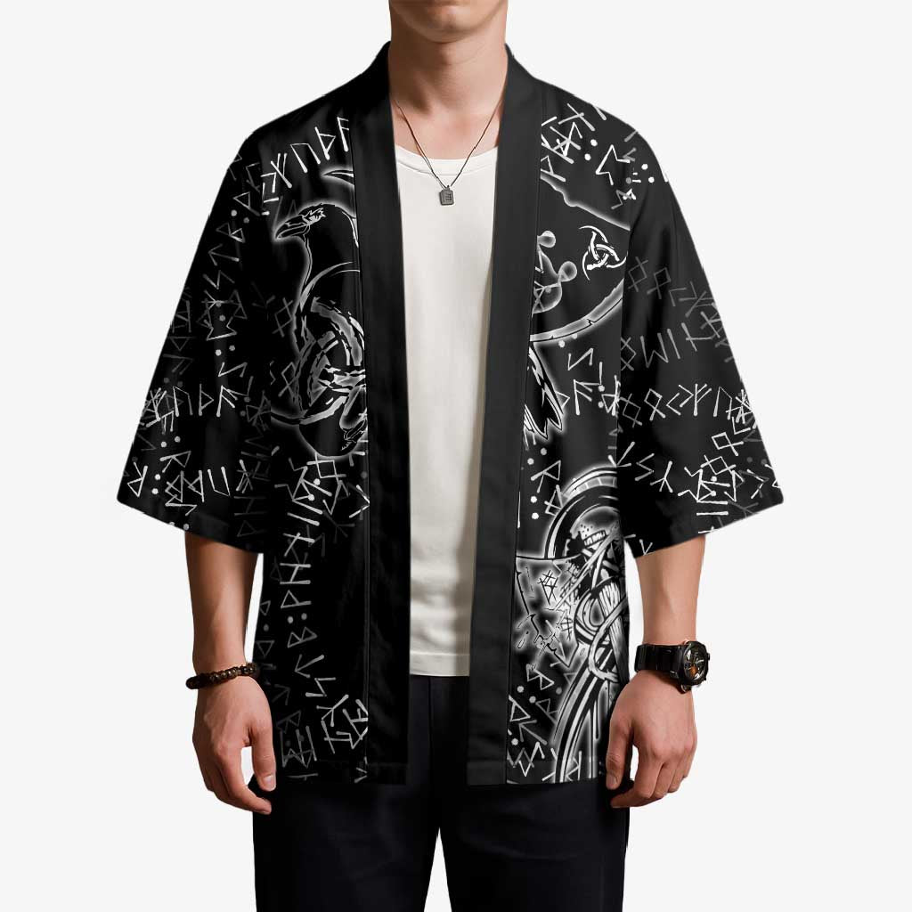 Norse Dragon and Viking Axe Kimono Monochrome Runic Line Art Illustration