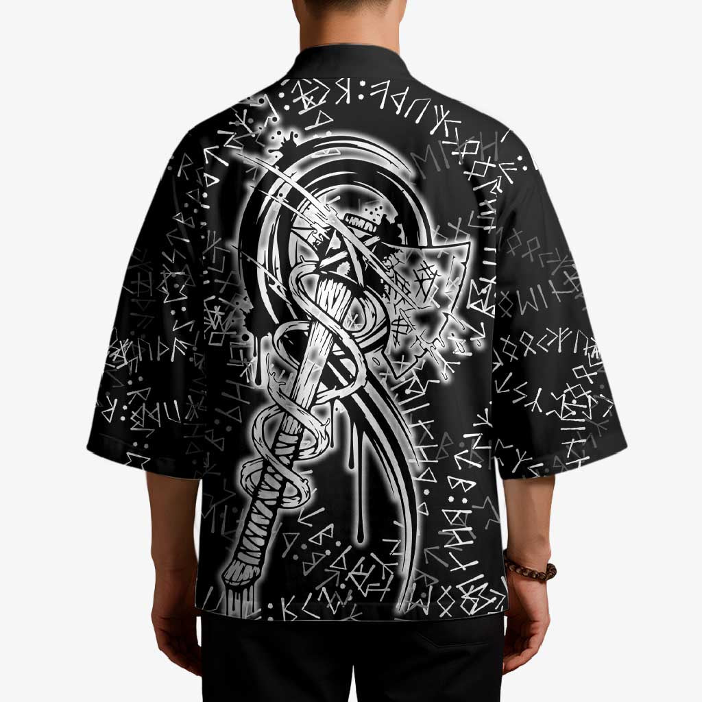 Norse Dragon and Viking Axe Kimono Monochrome Runic Line Art Illustration