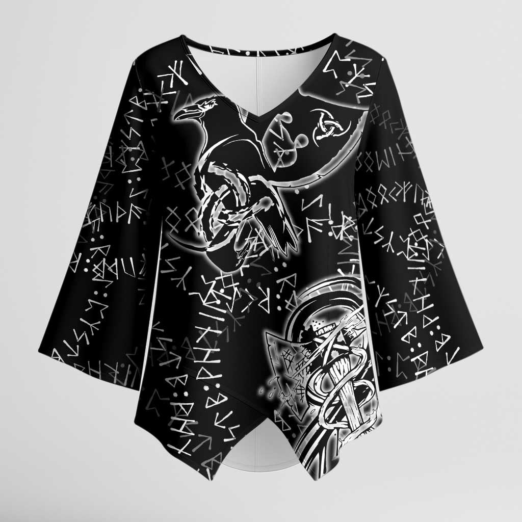 Norse Dragon and Viking Axe Kimono Sleeve Blouse Monochrome Runic Line Art Illustration