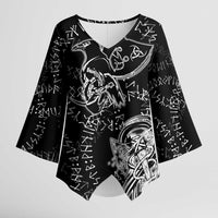 Norse Dragon and Viking Axe Kimono Sleeve Blouse Monochrome Runic Line Art Illustration