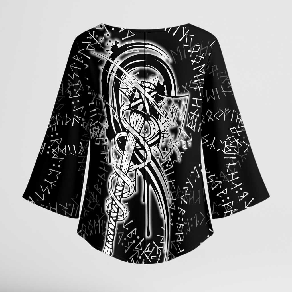 Norse Dragon and Viking Axe Kimono Sleeve Blouse Monochrome Runic Line Art Illustration