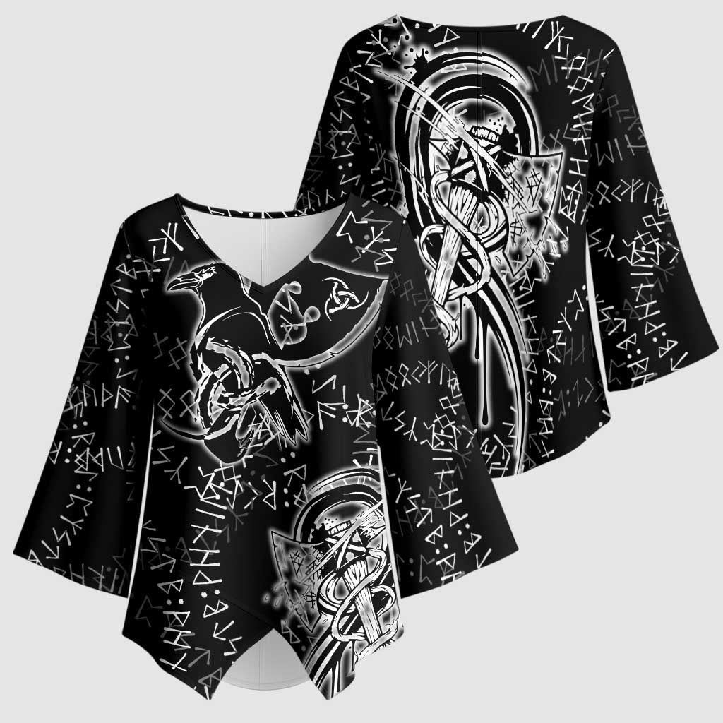 Norse Dragon and Viking Axe Kimono Sleeve Blouse Monochrome Runic Line Art Illustration