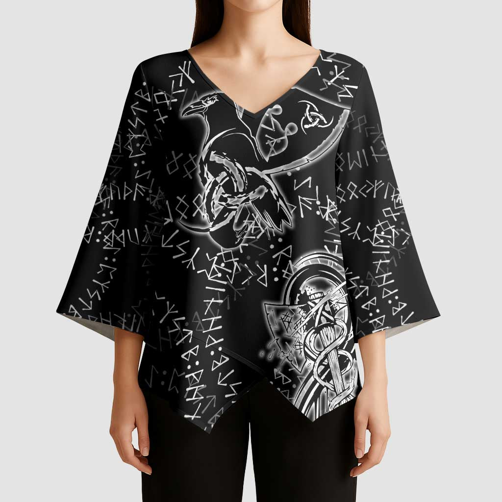 Norse Dragon and Viking Axe Kimono Sleeve Blouse Monochrome Runic Line Art Illustration