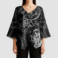 Norse Dragon and Viking Axe Kimono Sleeve Blouse Monochrome Runic Line Art Illustration