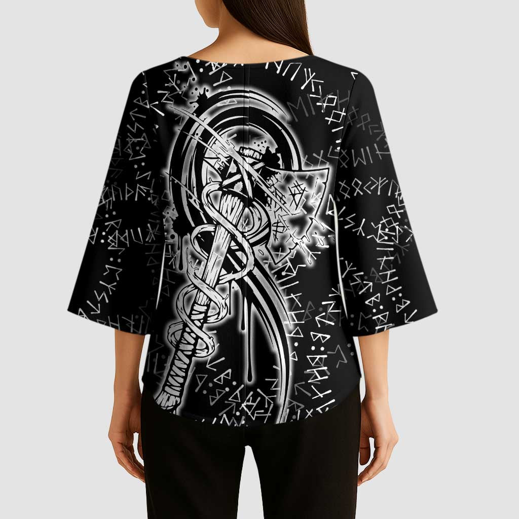 Norse Dragon and Viking Axe Kimono Sleeve Blouse Monochrome Runic Line Art Illustration