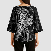 Norse Dragon and Viking Axe Kimono Sleeve Blouse Monochrome Runic Line Art Illustration