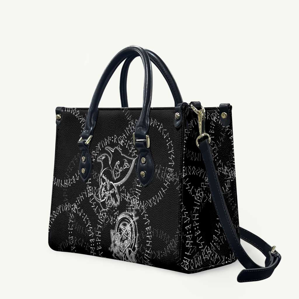 Norse Dragon and Viking Axe Leather Bag Monochrome Runic Line Art Illustration