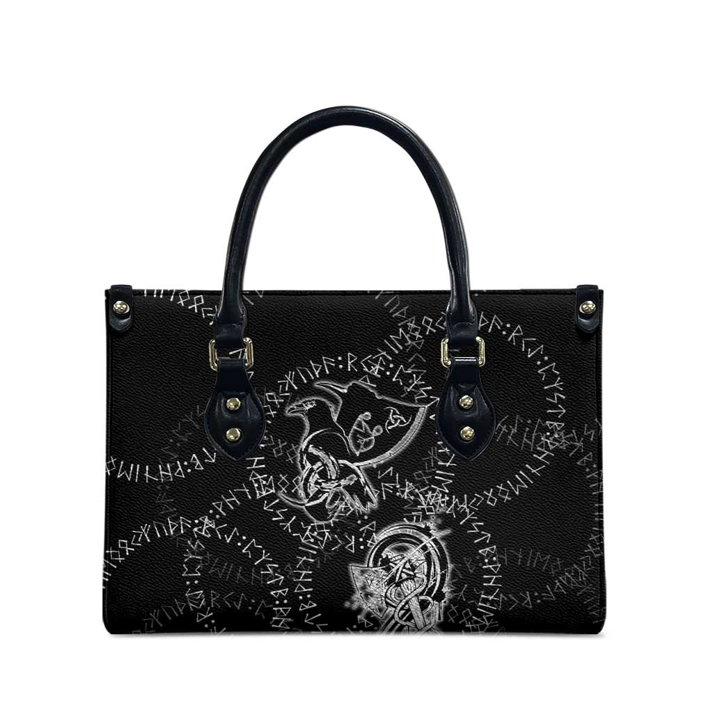 Norse Dragon and Viking Axe Leather Bag Monochrome Runic Line Art Illustration