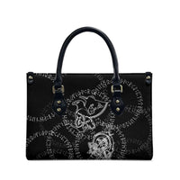 Norse Dragon and Viking Axe Leather Bag Monochrome Runic Line Art Illustration