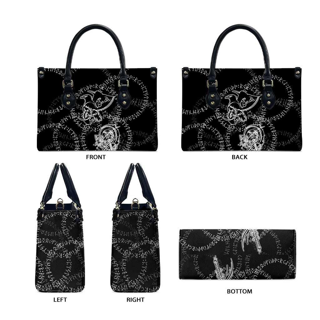 Norse Dragon and Viking Axe Leather Bag Monochrome Runic Line Art Illustration