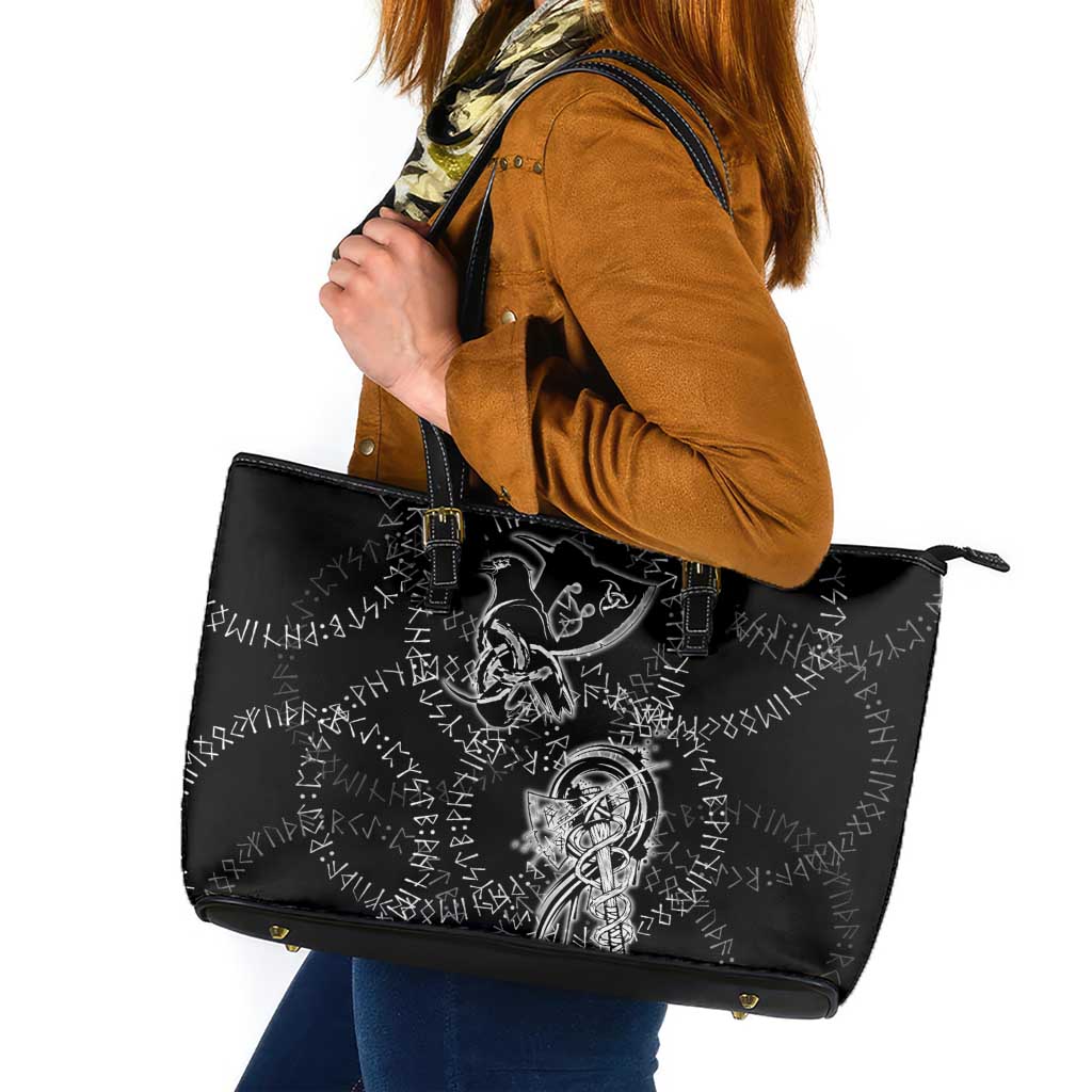 Norse Dragon and Viking Axe Leather Tote Bag Monochrome Runic Line Art Illustration