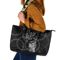 Norse Dragon and Viking Axe Leather Tote Bag Monochrome Runic Line Art Illustration