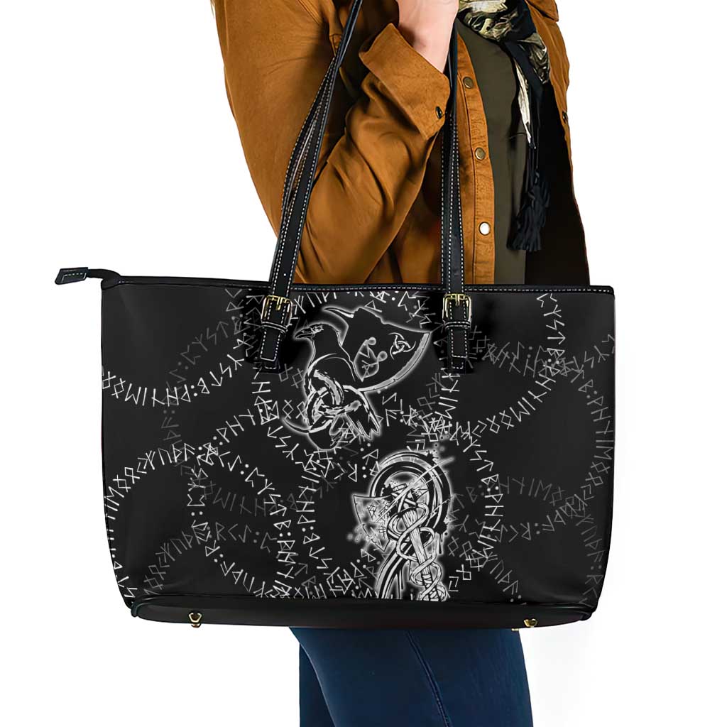 Norse Dragon and Viking Axe Leather Tote Bag Monochrome Runic Line Art Illustration