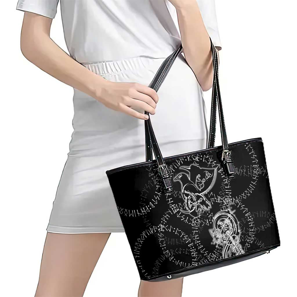 Norse Dragon and Viking Axe Leather Tote Bag Monochrome Runic Line Art Illustration