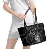 Norse Dragon and Viking Axe Leather Tote Bag Monochrome Runic Line Art Illustration