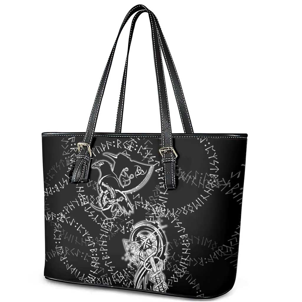 Norse Dragon and Viking Axe Leather Tote Bag Monochrome Runic Line Art Illustration