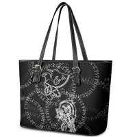Norse Dragon and Viking Axe Leather Tote Bag Monochrome Runic Line Art Illustration