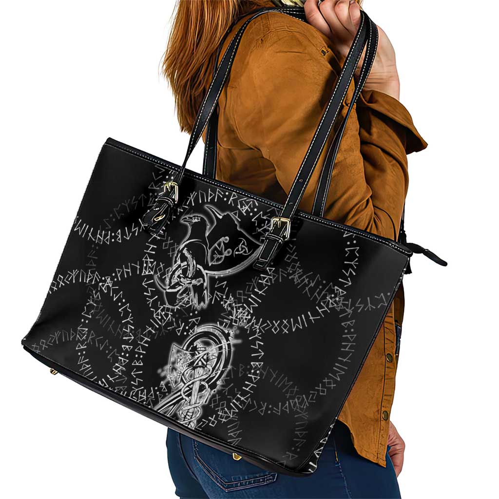 Norse Dragon and Viking Axe Leather Tote Bag Monochrome Runic Line Art Illustration