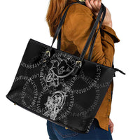 Norse Dragon and Viking Axe Leather Tote Bag Monochrome Runic Line Art Illustration