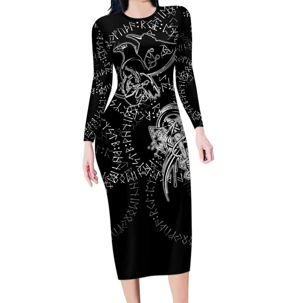 Norse Dragon and Viking Axe Long Sleeve Bodycon Dress Monochrome Runic Line Art Illustration