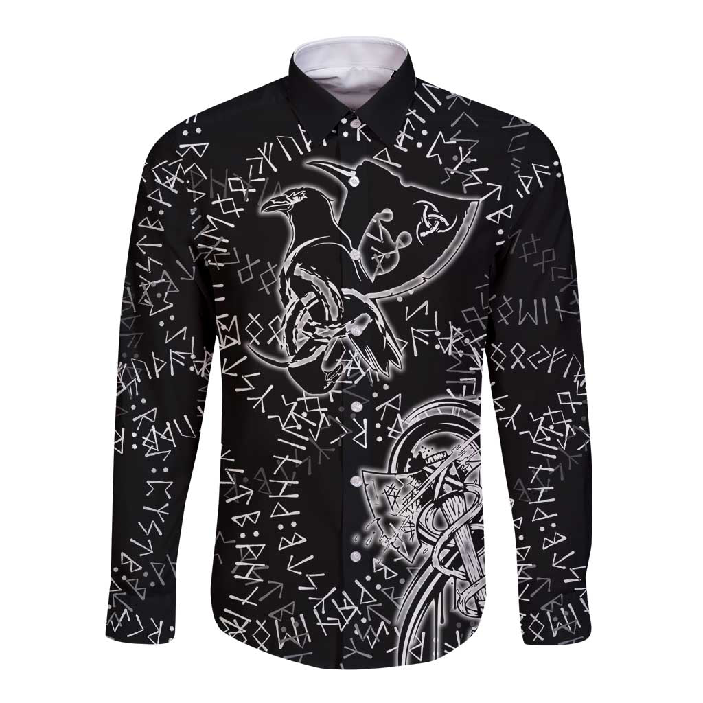 Norse Dragon and Viking Axe Long Sleeve Button Shirt Monochrome Runic Line Art Illustration