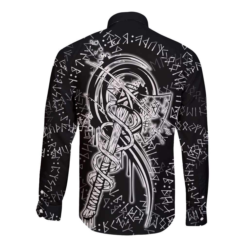 Norse Dragon and Viking Axe Long Sleeve Button Shirt Monochrome Runic Line Art Illustration