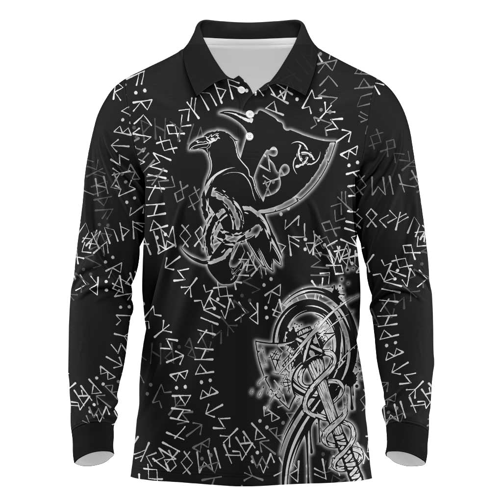 Norse Dragon and Viking Axe Long Sleeve Polo Shirt Monochrome Runic Line Art Illustration