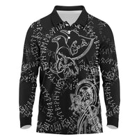 Norse Dragon and Viking Axe Long Sleeve Polo Shirt Monochrome Runic Line Art Illustration