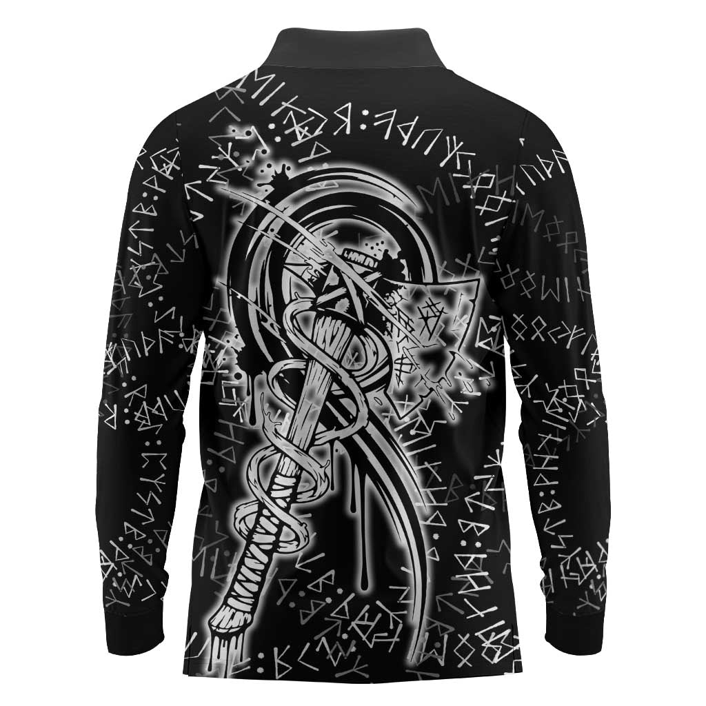 Norse Dragon and Viking Axe Long Sleeve Polo Shirt Monochrome Runic Line Art Illustration