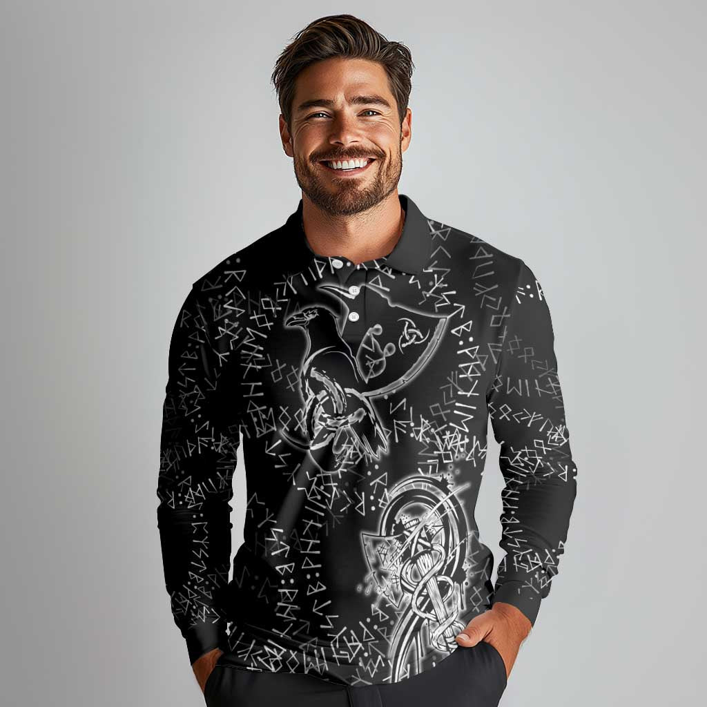 Norse Dragon and Viking Axe Long Sleeve Polo Shirt Monochrome Runic Line Art Illustration
