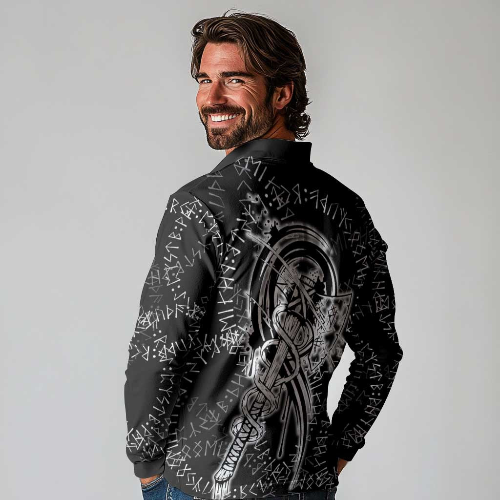 Norse Dragon and Viking Axe Long Sleeve Polo Shirt Monochrome Runic Line Art Illustration