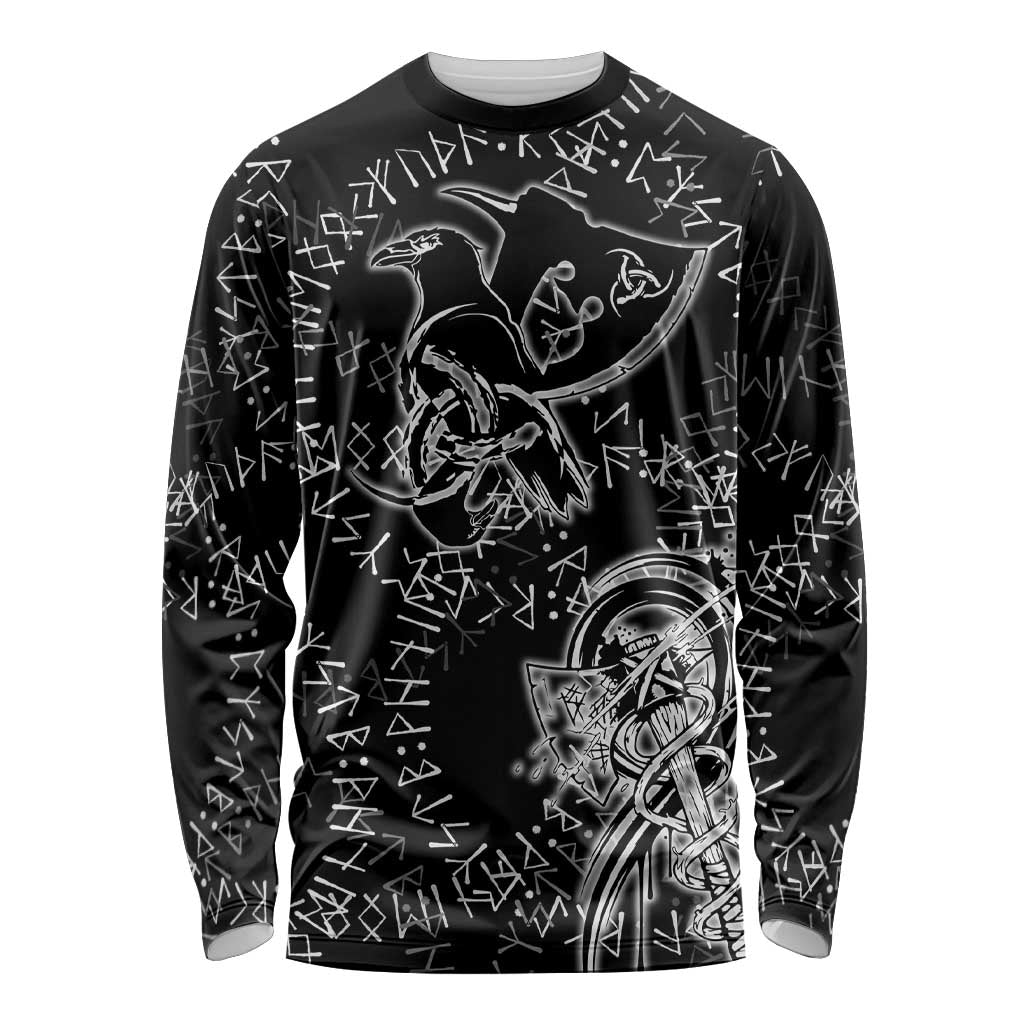 Norse Dragon and Viking Axe Long Sleeve Shirt Monochrome Runic Line Art Illustration