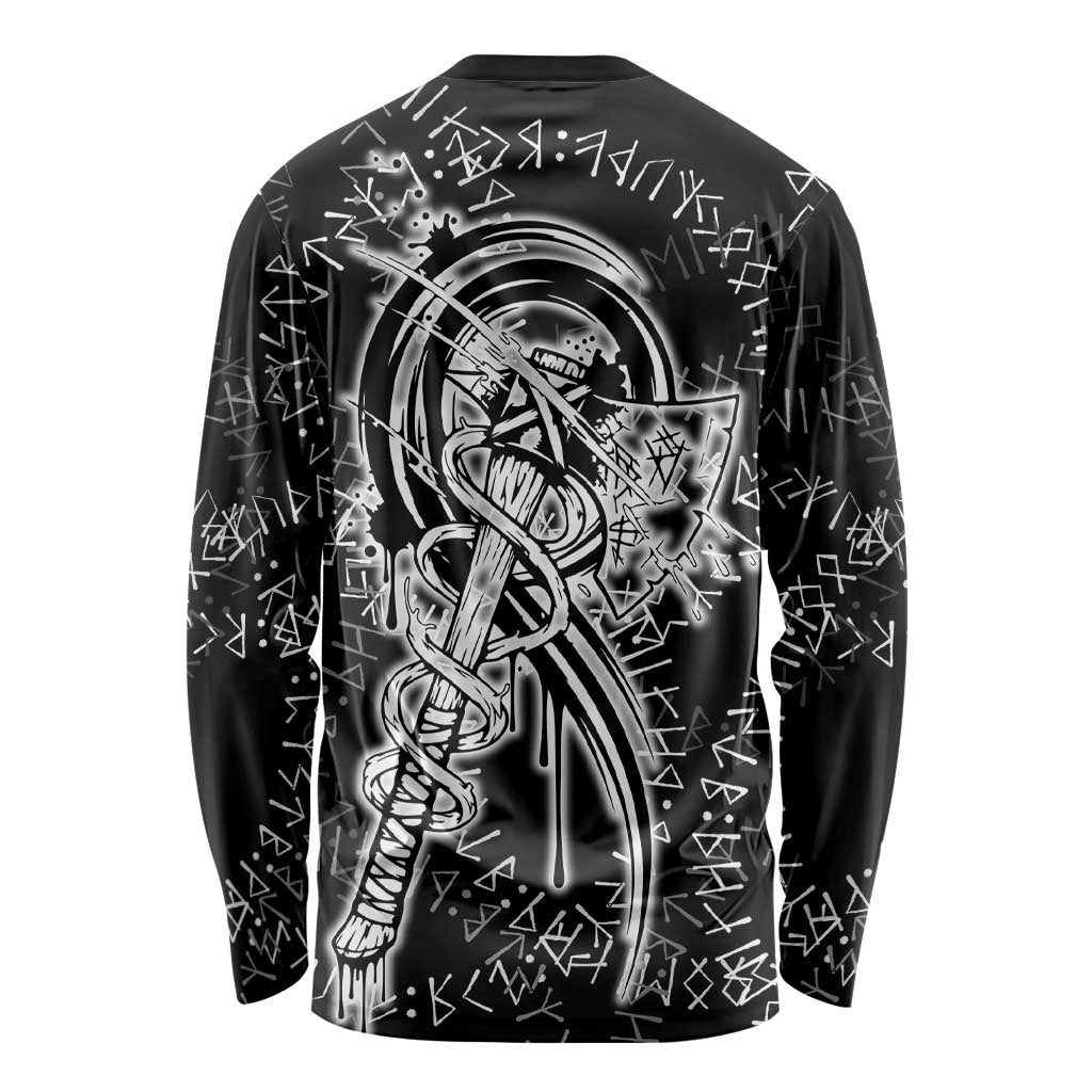 Norse Dragon and Viking Axe Long Sleeve Shirt Monochrome Runic Line Art Illustration