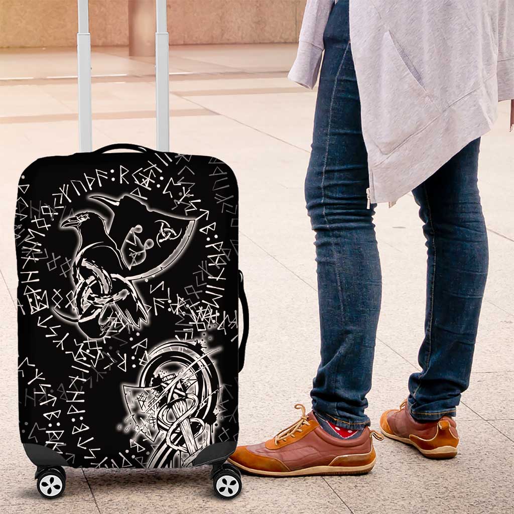Norse Dragon and Viking Axe Luggage Cover Monochrome Runic Line Art Illustration