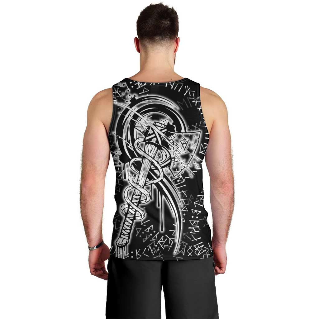 Norse Dragon and Viking Axe Men Tank Top Monochrome Runic Line Art Illustration
