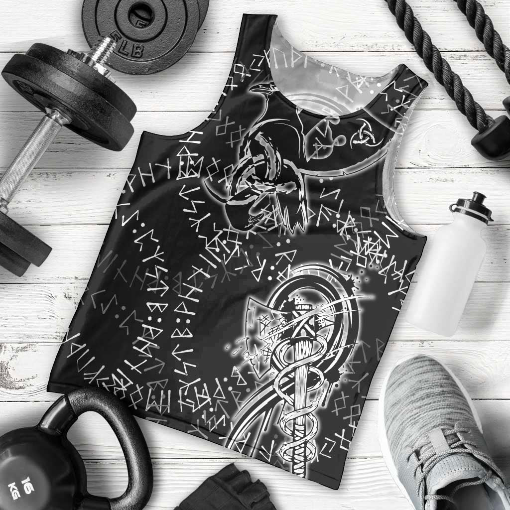 Norse Dragon and Viking Axe Men Tank Top Monochrome Runic Line Art Illustration