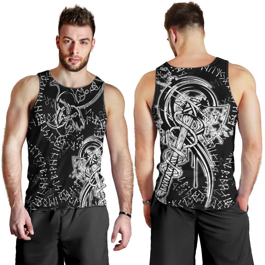 Norse Dragon and Viking Axe Men Tank Top Monochrome Runic Line Art Illustration