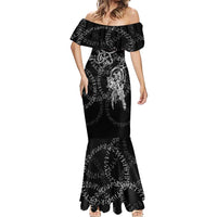Norse Dragon and Viking Axe Mermaid Dress Monochrome Runic Line Art Illustration