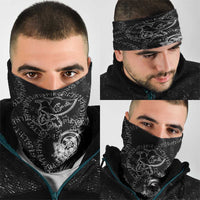 Norse Dragon and Viking Axe Neck Gaiter Monochrome Runic Line Art Illustration