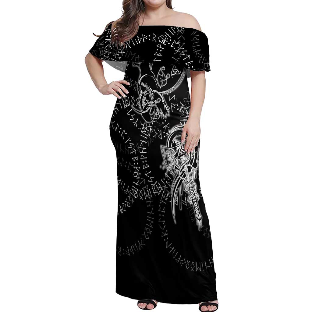 Norse Dragon and Viking Axe Off Shoulder Maxi Dress Monochrome Runic Line Art Illustration