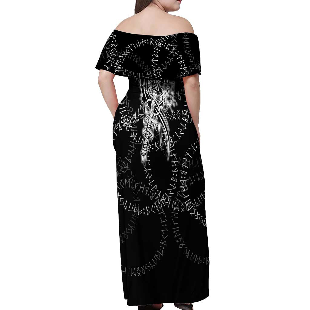 Norse Dragon and Viking Axe Off Shoulder Maxi Dress Monochrome Runic Line Art Illustration