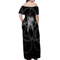 Norse Dragon and Viking Axe Off Shoulder Maxi Dress Monochrome Runic Line Art Illustration
