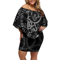 Norse Dragon and Viking Axe Off Shoulder Short Dress Monochrome Runic Line Art Illustration