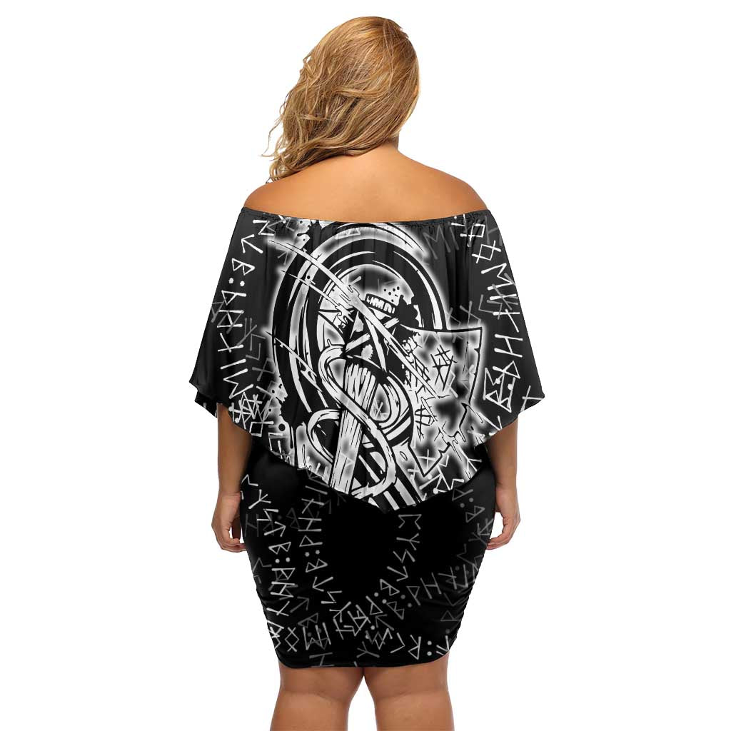 Norse Dragon and Viking Axe Off Shoulder Short Dress Monochrome Runic Line Art Illustration