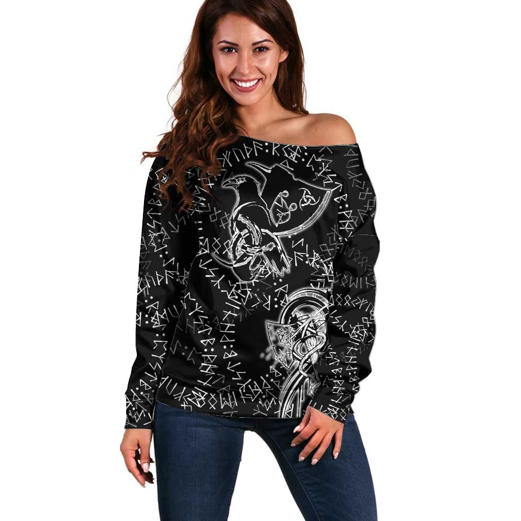 Norse Dragon and Viking Axe Off Shoulder Sweater Monochrome Runic Line Art Illustration